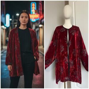 VTG Lansford Sport 4X Red Velvet Burnout Asian Inspired Tunic Jacket Artsy Boho